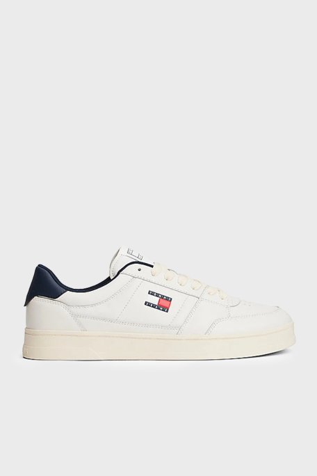 Tommy Jeans Deri Logolu Sneaker Erkek Ayakkabı EM0EM01574 0LG BEYAZ-LACİVERT - Tommy Jeans