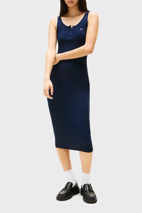 Tommy Jeans Fitilli % 100 Pamuk Slim Fit Midi Boy Kolsuz Bayan Elbise DW0DW19477 C1G LACİVERT - Tommy Jeans