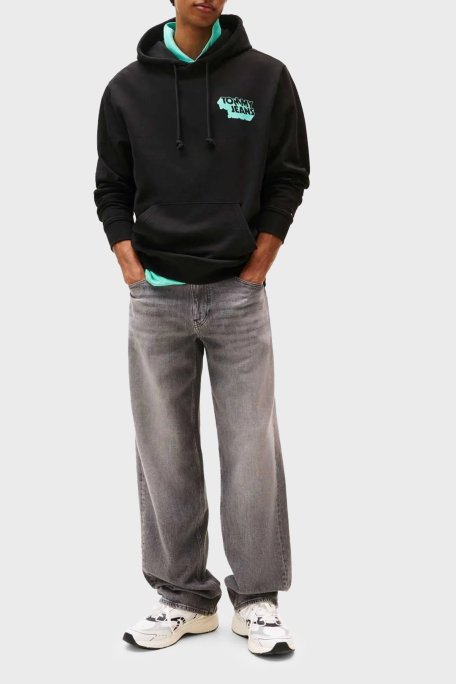 Tommy Jeans Grafik Logo Baskılı Pamuklu Regular Fit Kapüşonlu Erkek Sweat DM0DM21625 BDS SİYAH - Tommy Jeans