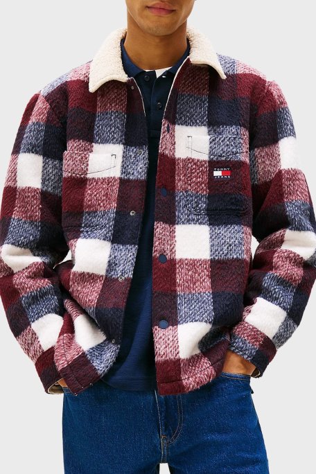 Tommy Jeans iç Kısmı Polarlı Oversize Fit Klasik Yaka Ekoseli Erkek Gömlek DM0DM22010 C1G LACİVERT - Tommy Jeans