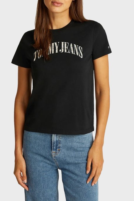 Tommy Jeans Logo Baskılı Pamuklu Regular Fit Bisiklet Yaka Bayan T Shirt DW0DW20161 BDS SİYAH - Tommy Jeans