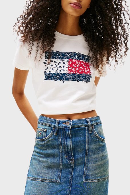 Tommy Jeans Logo Baskılı Pamuklu Regular Fit Bisiklet Yaka Bayan T Shirt DW0DW20897 YBL BEYAZ - Tommy Jeans