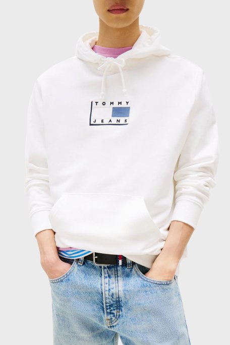 Tommy Jeans Logo Baskılı Pamuklu Regular Fit Kapüşonlu Erkek Sweat DM0DM21623 YBL BEYAZ - Tommy Jeans