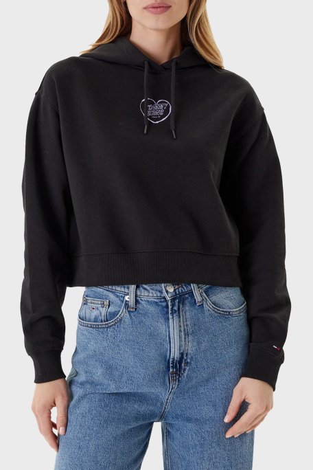 Tommy Jeans Logo Baskılı Pamuklu Relaxed Fit Kapüşonlu Crop Kadın Sweat DW0DW21408 BDS SİYAH - Tommy Jeans