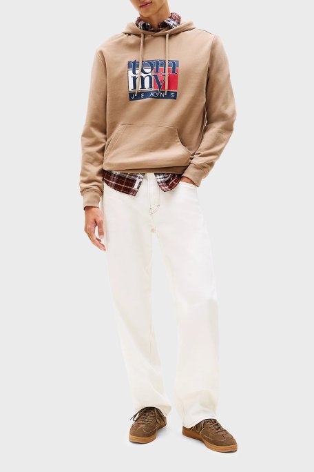 Tommy Jeans Logolu % 100 Pamuk Regular Fit Kapüşonlu Erkek Sweat DM0DM22092 AFE BEJ - Tommy Jeans (1)
