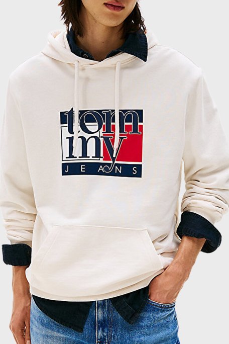 Tommy Jeans Logolu % 100 Pamuk Regular Fit Kapüşonlu Erkek Sweat DM0DM22092 YBH BEYAZ - Tommy Jeans