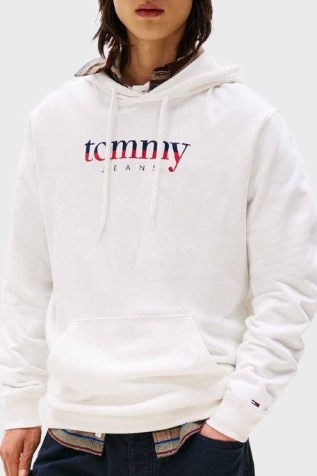 Tommy Jeans Logolu % 100 Pamuk Regular Fit Kapüşonlu Erkek Sweat DM0DM22113 YBL BEYAZ - Tommy Jeans