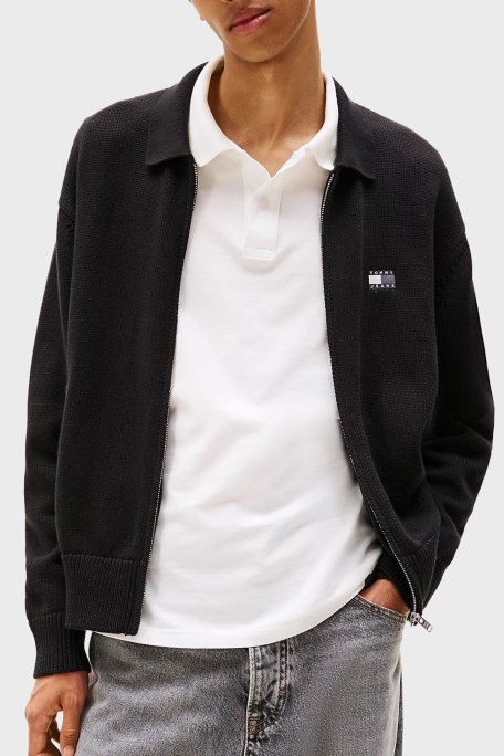 Tommy Jeans Logolu % 100 Pamuk Relaxed Fit Gömlek Yaka Örme Erkek Sweat DM0DM22106 BDS SİYAH - Tommy Jeans