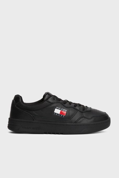 Tommy Jeans Logolu Deri Sneaker Erkek Ayakkabı EM0EM01443 BDS SİYAH - Tommy Hilfiger