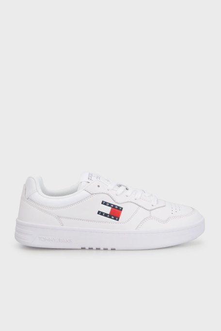 Tommy Jeans Logolu Deri Sneaker Erkek Ayakkabı EM0EM01443 YBR BEYAZ - Tommy Jeans