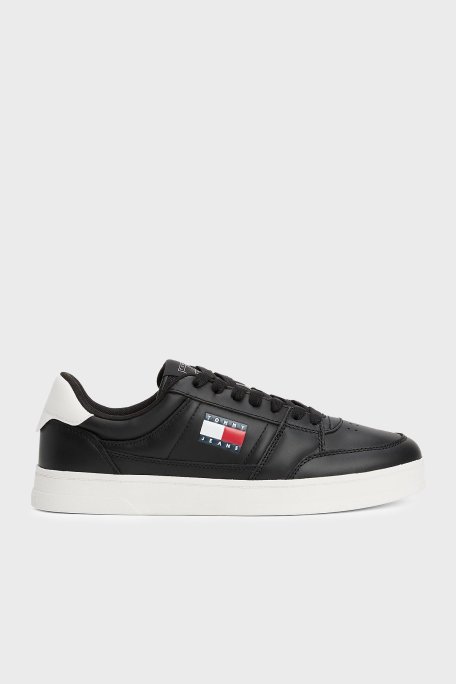 Tommy Jeans Logolu Deri Sneaker Erkek Ayakkabı EM0EM01574 BDS SİYAH - Tommy Hilfiger