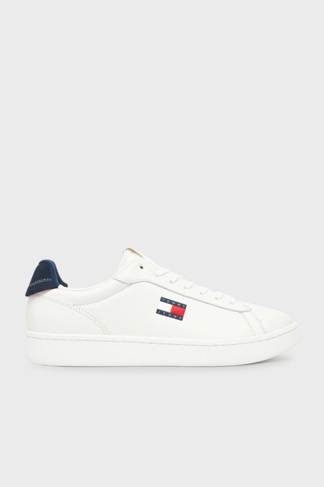Tommy Jeans Logolu Deri Sneaker Erkek Ayakkabı EM0EM01596 0G1 BEYAZ-LACİVERT - Tommy Jeans