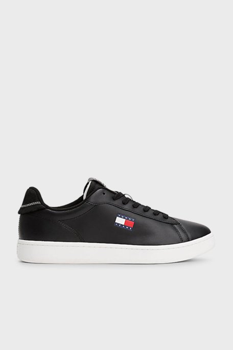 Tommy Jeans Logolu Deri Sneaker Erkek Ayakkabı EM0EM01596 BDS SİYAH - Tommy Jeans