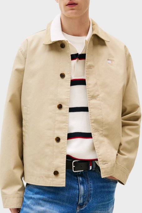 Tommy Jeans Logolu Pamuk Karışımlı Boxy Fit Erkek Ceket DM0DM21666 RBV BEJ - Tommy Jeans