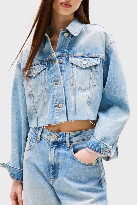 Tommy Jeans Logolu Pamuklu Oversize Fit Kalsik Yaka Crop Bayan Kot Ceket DW0DW21063 1A5 MAVİ - Tommy Jeans