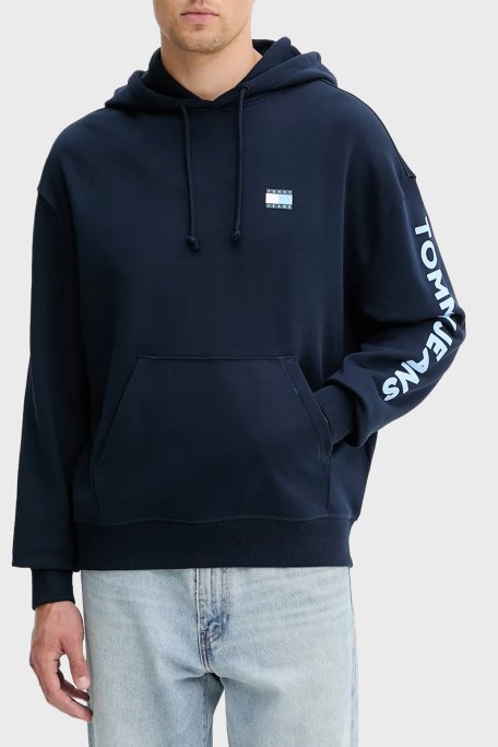Tommy Jeans Logolu Pamuklu Relaxed Fit Kapüşonlu Kanguru Cepli Erkek Sweat DM0DM21834 C1G LACİVERT - Tommy Jeans