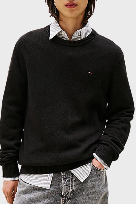 Tommy Jeans Logolu Pamuklu Slim Fit Bisiklet Yaka Örme Erkek Kazak DM0DM21787 BDS SİYAH - Tommy Jeans