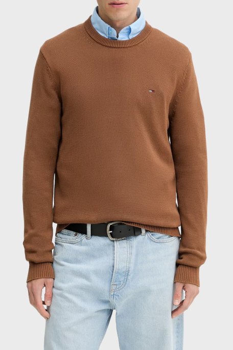 Tommy Jeans Logolu Pamuklu Slim Fit Bisiklet Yaka Örme Erkek Kazak DM0DM21787 GVP KAHVE - Tommy Jeans