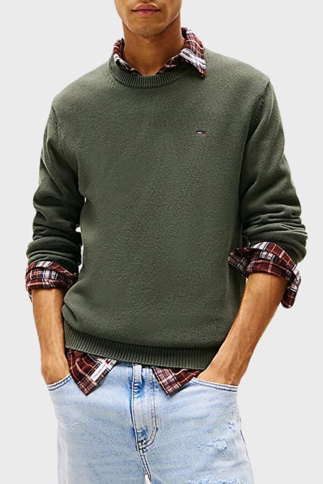 Tommy Jeans Logolu Pamuklu Slim Fit Bisiklet Yaka Örme Erkek Kazak DM0DM21787 MRH KOYU YEŞİL - Tommy Jeans