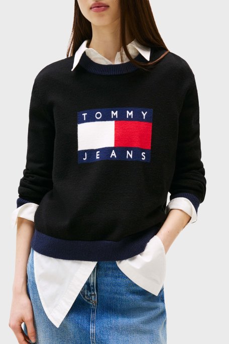 Tommy Jeans Logolu Regular Fit Bisiklet Yaka Bayan Kazak DW0DW20970 BDS SİYAH - Tommy Jeans