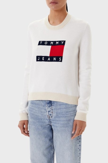 Tommy Jeans Logolu Regular Fit Bisiklet Yaka Bayan Kazak DW0DW20970 YBL BEYAZ - Tommy Jeans