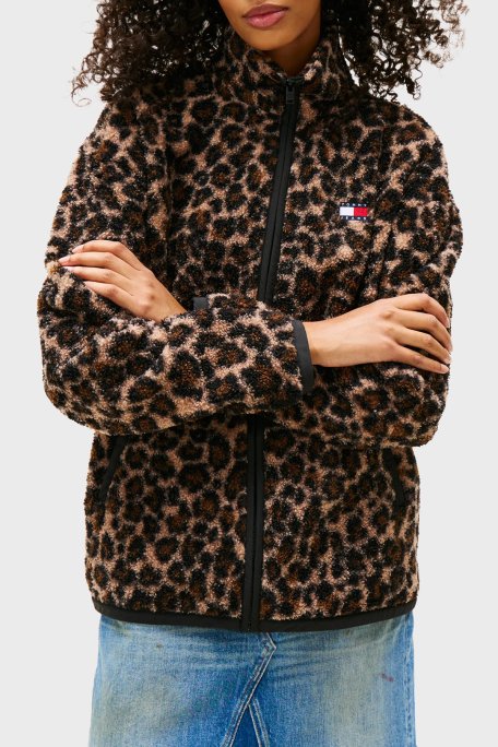 Tommy Jeans Logolu Regular Fit Leopar Desenli Fermuarlı Bayan Sweat DW0DW21596 0HD KAHVE - Tommy Jeans
