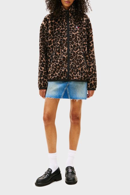 Tommy Jeans Logolu Regular Fit Leopar Desenli Fermuarlı Bayan Sweat DW0DW21596 0HD KAHVE - Tommy Jeans (1)