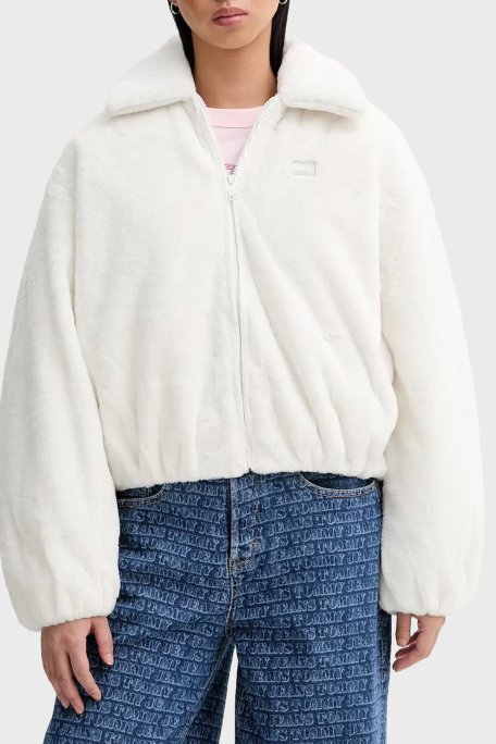 Tommy Jeans Logolu Relaxed Fit Ceket Yaka Yumuşak Dokulu Bayan Mont DW0DW21669 YBH BEYAZ - Tommy Jeans