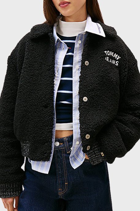 Tommy Jeans Logolu Relaxed Fit Teddy Bomber Bayan Ceket DW0DW21666 BDS SİYAH - Tommy Jeans