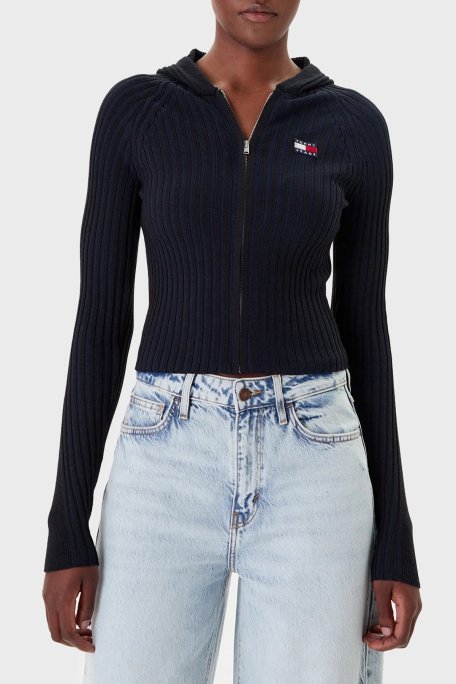 Tommy Jeans Logolu Slim Fit Kapüşonlu Ribana Örgülü Crop Bayan Sweat DW0DW20974 BDS SİYAH - Tommy Jeans