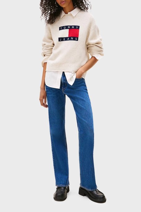 Tommy Jeans Logolu Yün Karışımlı Relaxed Fit Bisiklet Yaka Bayan Kazak DW0DW21782 AFN BEJ - Tommy Jeans (1)