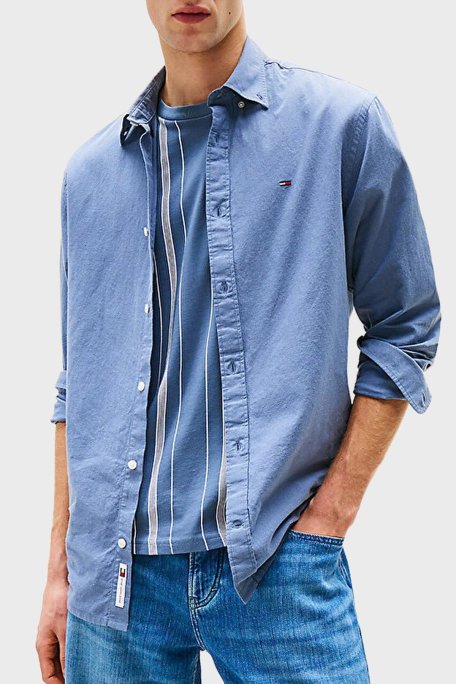 Tommy Jeans Pamuk ve Keten Karışımlı Regular Fit Düğmeli Yaka Erkek Gömlek DM0DM20875 PO6 İNDİGO - Tommy Jeans