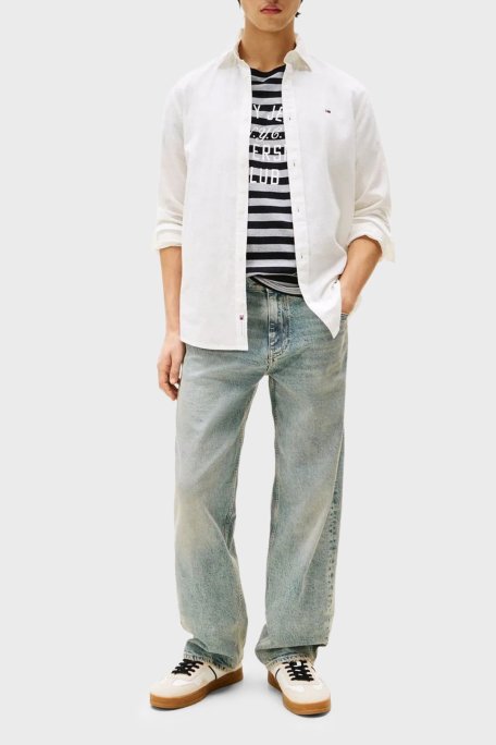 Tommy Jeans Pamuk ve Keten Karışımlı Regular Fit Düğmeli Yaka Erkek Gömlek DM0DM20875 YBL BEYAZ - Tommy Jeans (1)