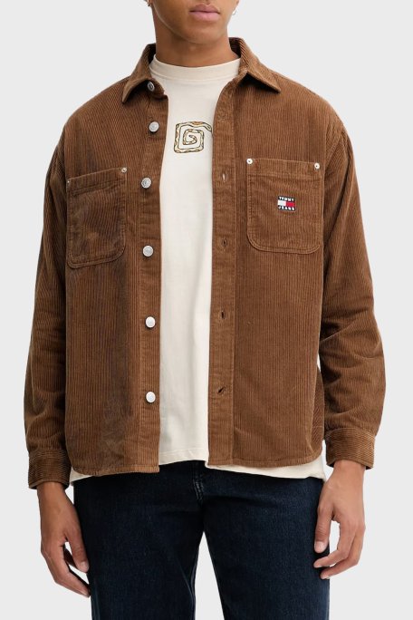 Tommy Jeans Pamuklu Loose Fit Uzun Kollu Kadife Erkek Gömlek DM0DM22016 GVP KAHVE - Tommy Jeans