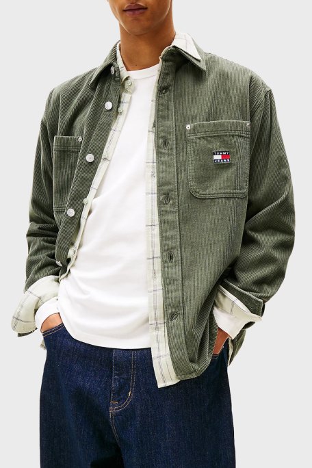 Tommy Jeans Pamuklu Loose Fit Uzun Kollu Kadife Erkek Gömlek DM0DM22016 MRH KOYU YEŞİL - Tommy Jeans