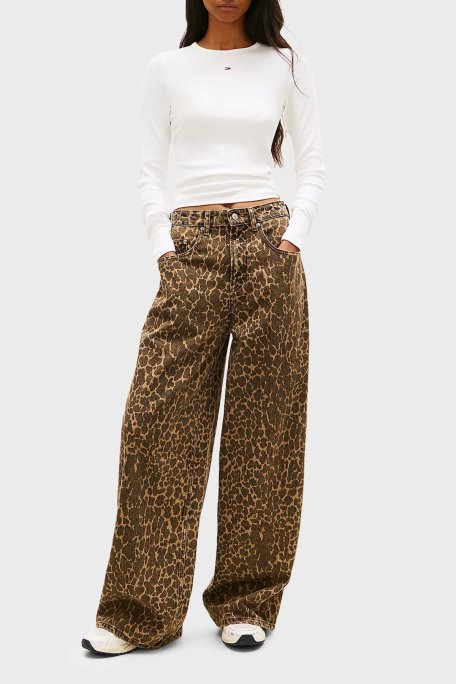 Tommy Jeans Pamuklu Loose Fit Yüksek Bel Bol Paça Bayan Pantolon DW0DW21833 1CE LEOPAR - Tommy Jeans