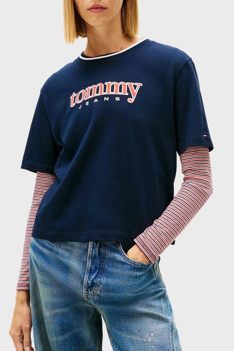 Tommy Jeans Pamuklu Regular Fit Logolu Bisiklet Yaka Bayan T Shirt DW0DW22563 C1G LACİVERT - Tommy Jeans