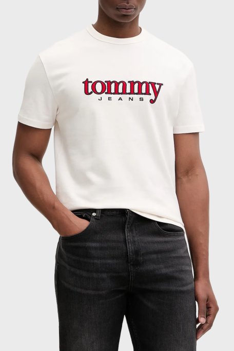 Tommy Jeans Pamuklu Regular Fit Logolu Bisiklet Yaka Erkek T Shirt DM0DM22719 YBH BEYAZ - Tommy Jeans
