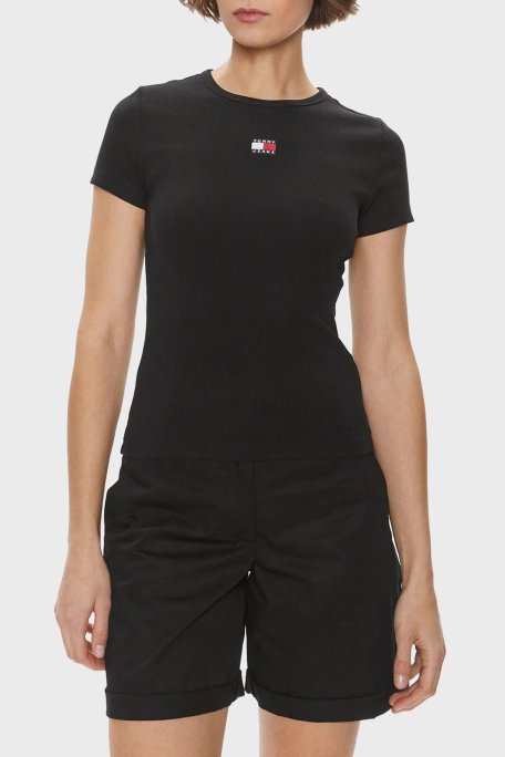 Tommy Jeans Pamuklu Slim Fit Bisiklet Yaka Fitilli Bayan T Shirt DW0DW17881 BDS SİYAH - Tommy Jeans