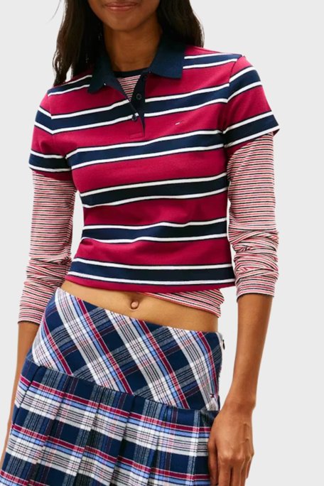 Tommy Jeans Pamuklu Slim Fit Çizgili Düğmeli Kadın Polo Yaka T Shirt DW0DW21931 0E3 BORDO-LACİVERT - Tommy Jeans