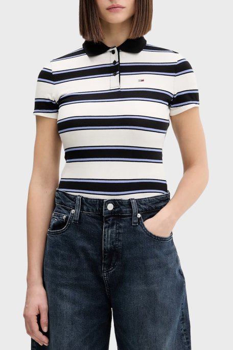 Tommy Jeans Pamuklu Slim Fit Çizgili Düğmeli Bayan Polo Yaka T Shirt DW0DW21931 0FB EKRU-LACİVERT - Tommy Jeans