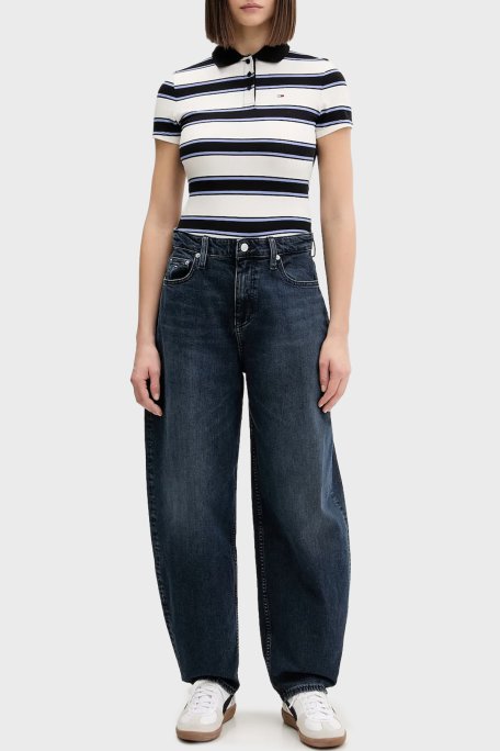 Tommy Jeans Pamuklu Slim Fit Çizgili Düğmeli Bayan Polo Yaka T Shirt DW0DW21931 0FB EKRU-LACİVERT - Tommy Jeans (1)