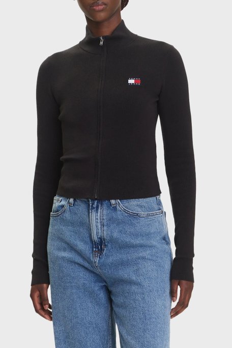 Tommy Jeans Pamuklu Slim Fit Fermuarlı Dik Yaka Crop Kadın Sweat DW0DW20967 BDS SİYAH - Tommy Jeans