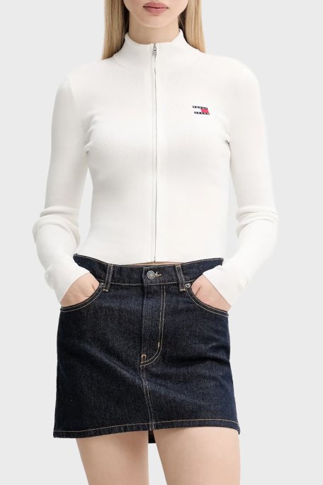 Tommy Jeans Pamuklu Slim Fit Fermuarlı Dik Yaka Crop Bayan Sweat DW0DW20967 YBL BEYAZ - Tommy Jeans