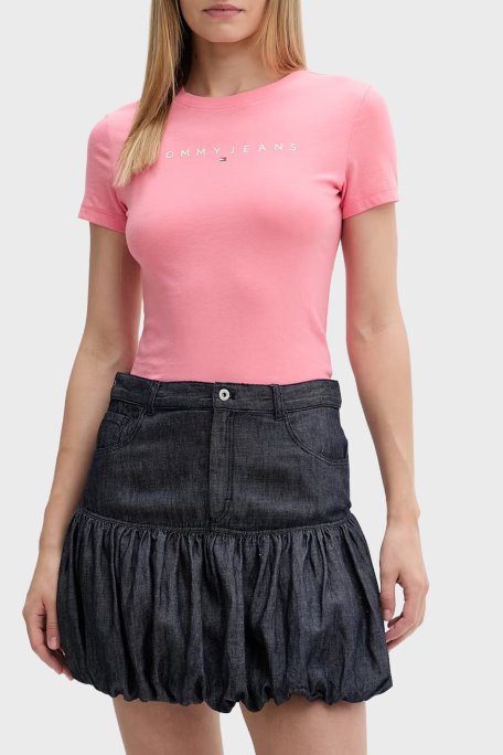 Tommy Jeans Pamuklu Slim Fit Logo Baskılı Bisiklet Yaka Kadın T Shirt DW0DW18398 TIE PEMBE - Tommy Jeans