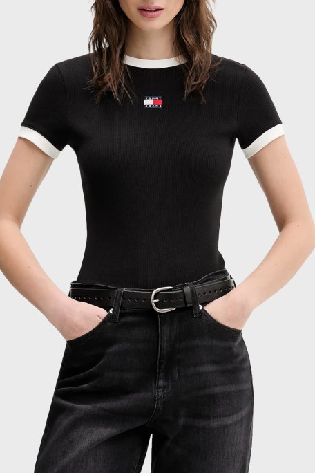 Tommy Jeans Pamuklu Slim Fit Logolu Bisiklet Yaka Bayan T Shirt DW0DW22575 BDS SİYAH - Tommy Jeans