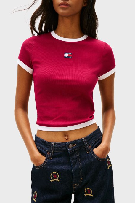 Tommy Jeans Pamuklu Slim Fit Logolu Bisiklet Yaka Bayan T Shirt DW0DW22575 VLC VİŞNE - Tommy Jeans