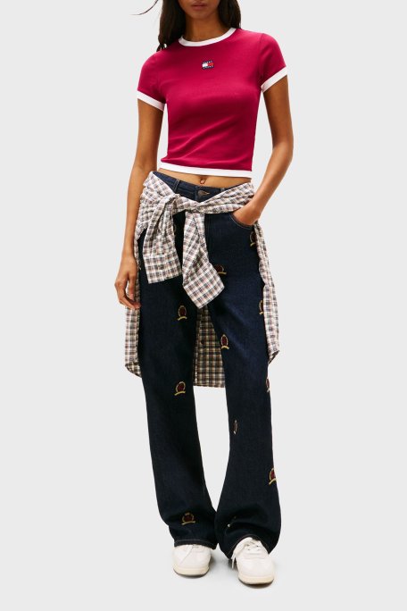 Tommy Jeans Pamuklu Slim Fit Logolu Bisiklet Yaka Bayan T Shirt DW0DW22575 VLC VİŞNE - Tommy Jeans (1)