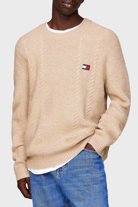 Tommy Jeans Streç Slim Fit Bisiklet Yaka Örme Erkek Kazak DM0DM19440 AB9 BEJ - Tommy Jeans