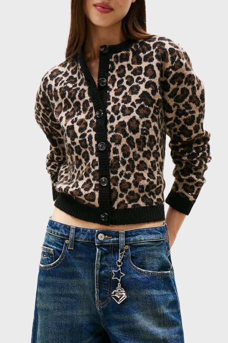 Tommy Jeans Yün Karışımlı Leopar Desenli Relaxed Fit Bisiklet Yaka Bayan Hırka DW0DW21968 0HD KAHVE - Tommy Jeans